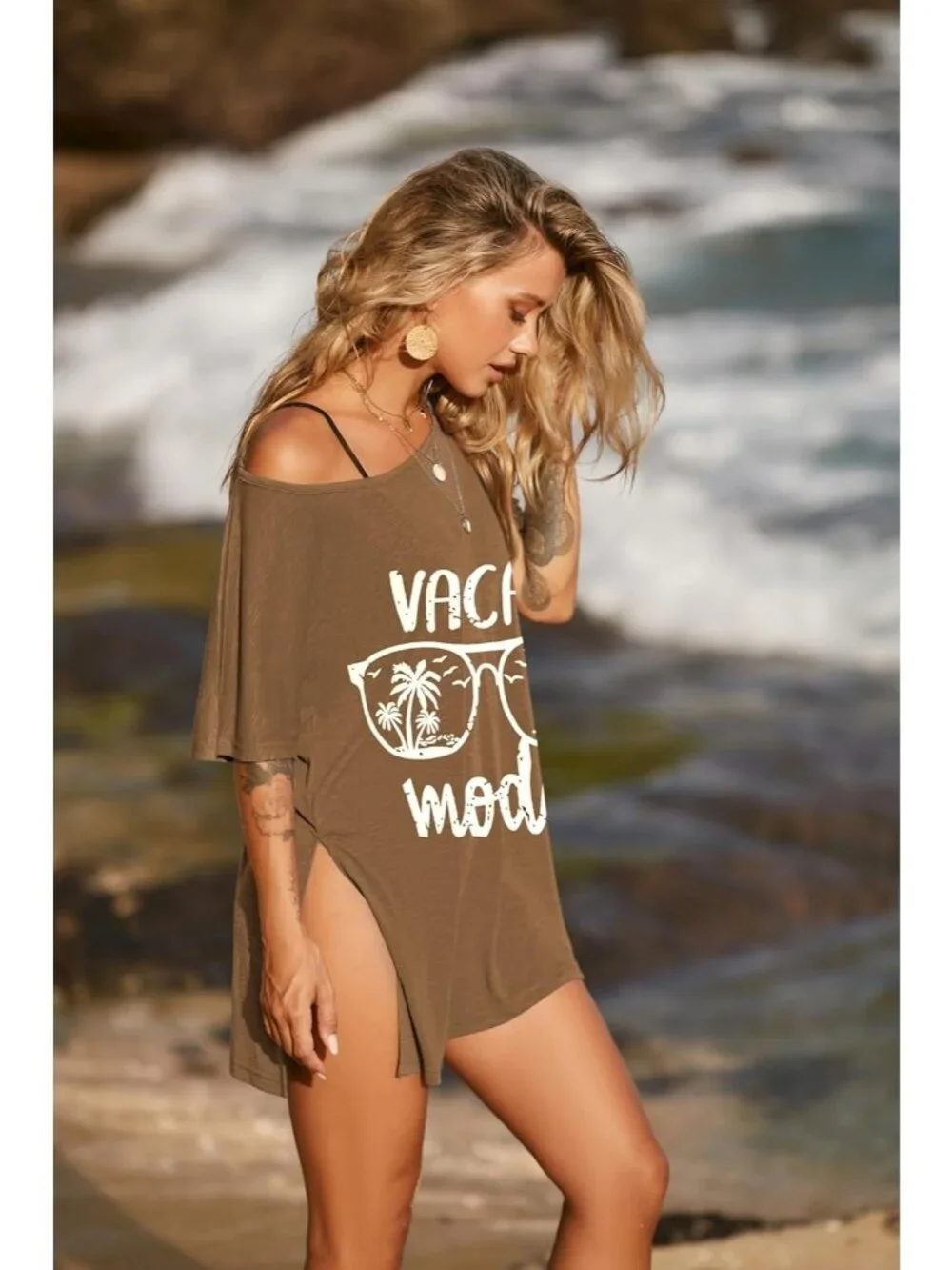 Women's Brown Coconut Tree Sleeve Cover Ups for Beach Bathing Suit Swimwear